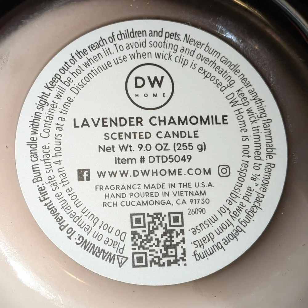 DW Home Lavender Chamomile Scented Candle 9oz Glass Jar Gold Trim Lid 5049 NEW
